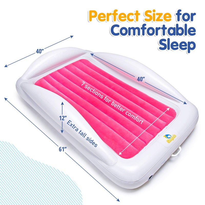 Sleepah Inflatable Toddler Travel Bed Portable Kids Air Mattress Set w Safety Rail Guards for Kids & Toddlers - Includes Pump, Carry Case, Pillow & More - Perfect Transitional Cot Coral - Image 3